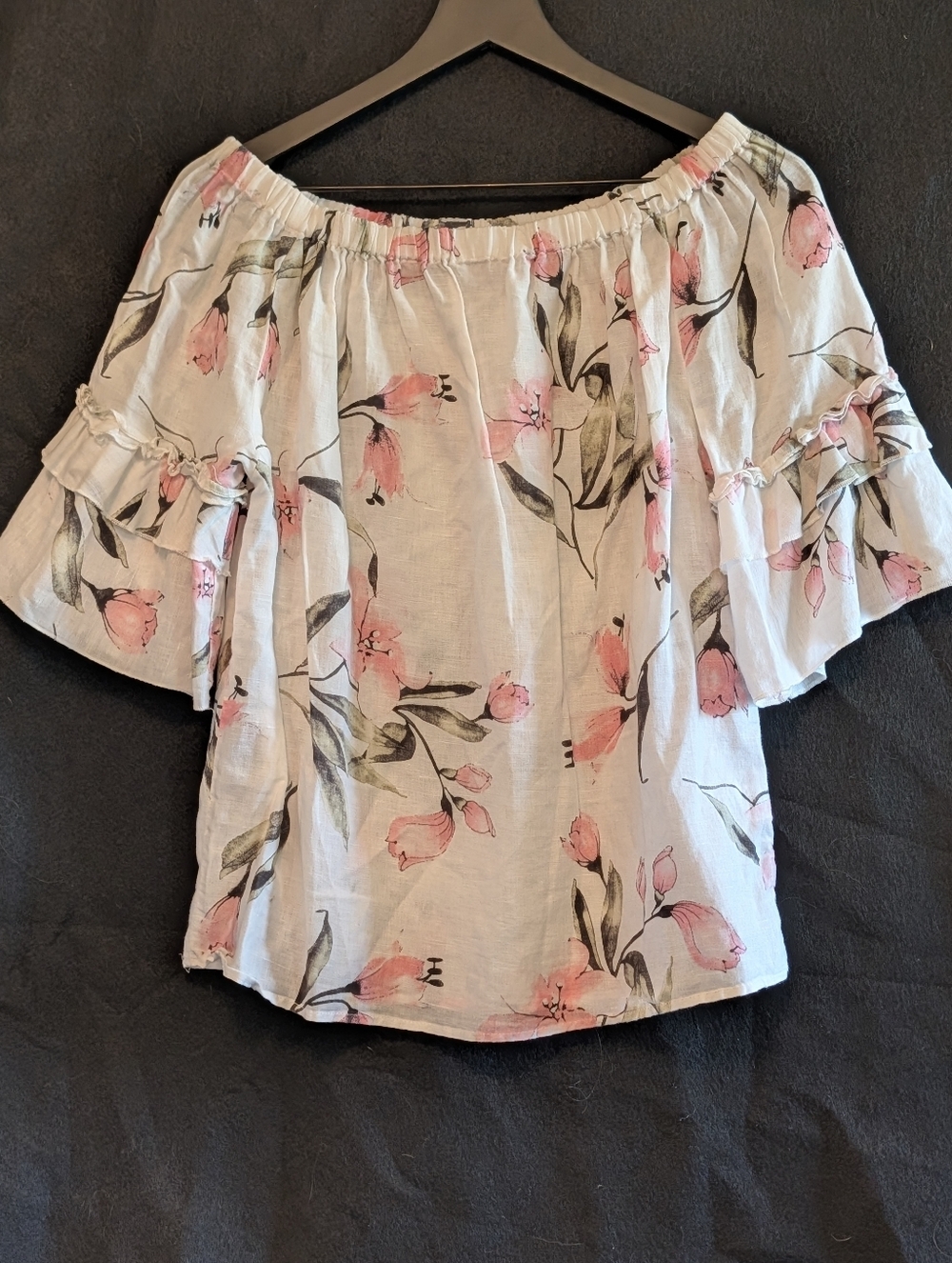 Hester & Orchid Linen Cotton Floral Off Shoulder Ruffle Sleeve Top Small Flowy